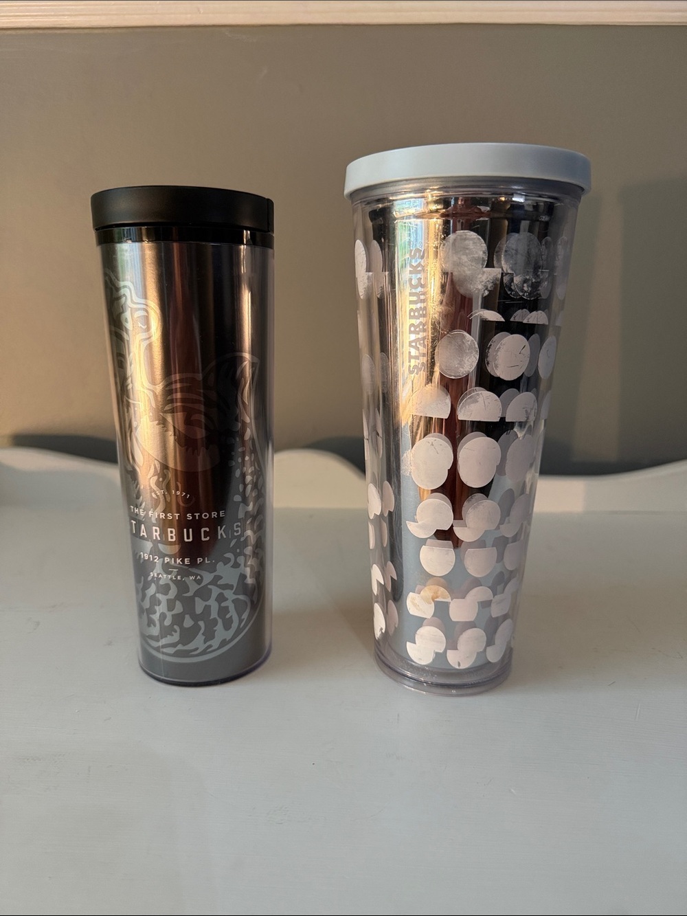 Starbucks Silver Tumblers with White Dot Accent and Black/White Lids